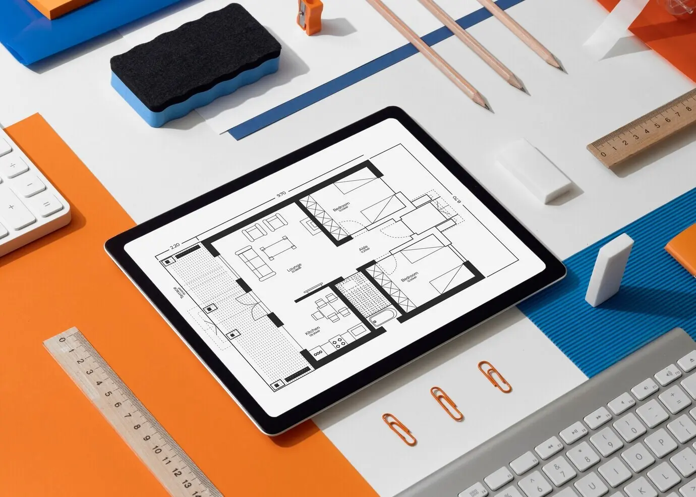 Still life of measuring tools viewed from above.
